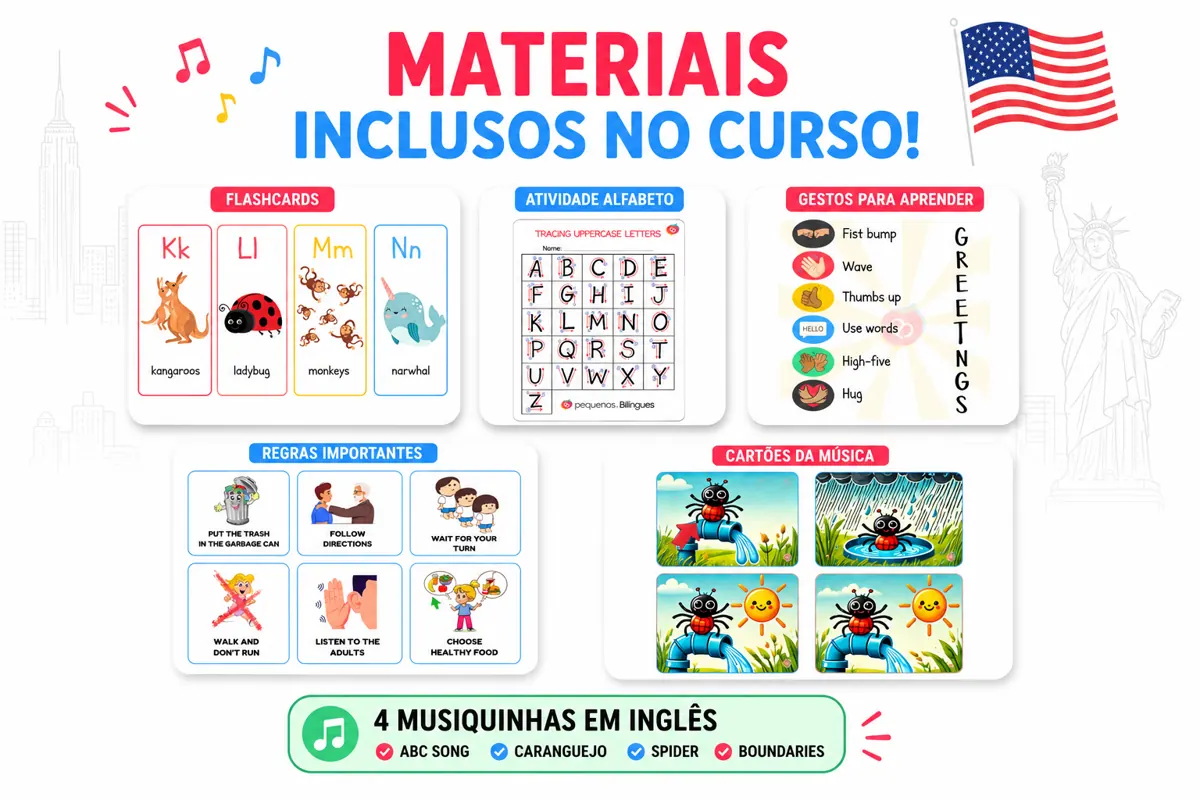 Materiais inclusos no curso: flashcards, atividade alfabeto, gestos para aprender, regras importantes, cartões da música e 4 musiquinhas em inglês